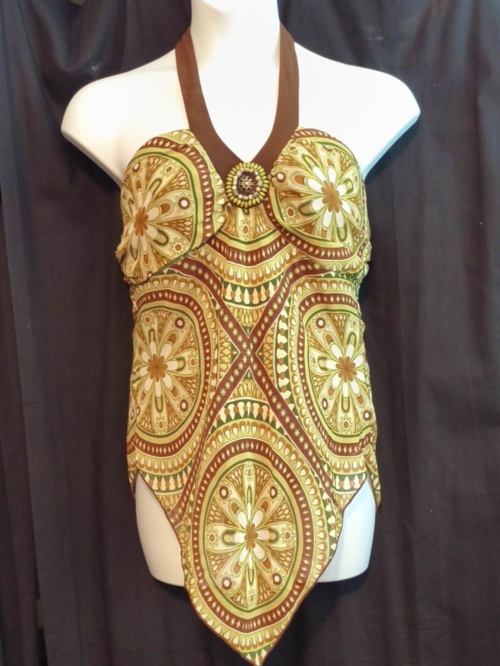 Studio 1940 Olive Green and Brown Halter Camisole with Decorative Brooch #0059